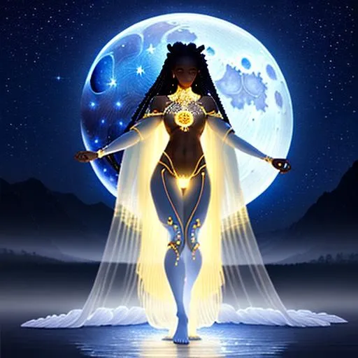 Prompt: (Hyperrealistic highly detailed full body of an anthropomorphic light incarnation)
Beautiful, ebonian, diaphanous, translucent skin, wise, benevolent, feminine, magic, visual effect, inspiring, amazing scenery, starry night, moon