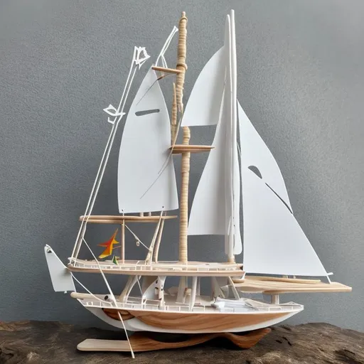 Prompt: A white 15 meters wooden sailing boat inspired on a futuristic tree house