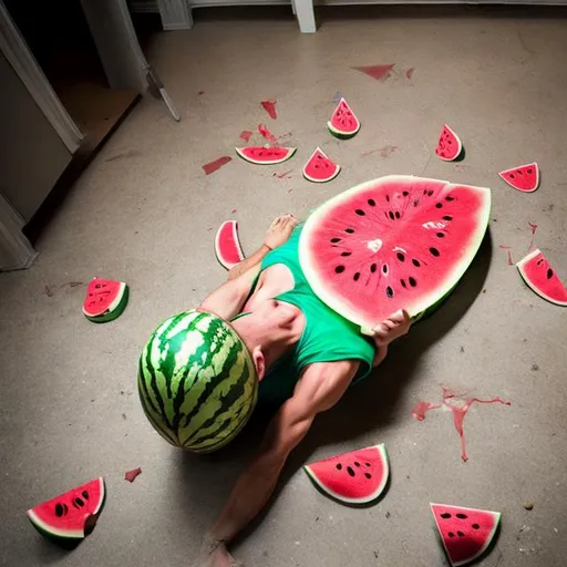 Prompt: watermelon man shattered on floor