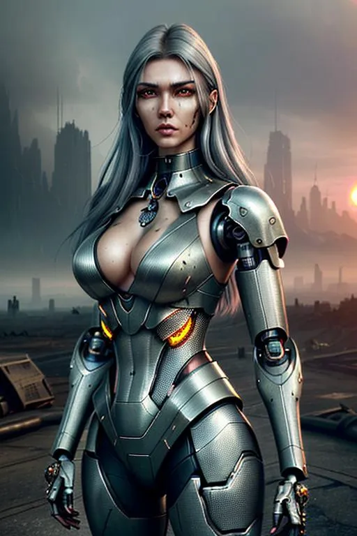 Prompt: Realistic random style dystopian landscape, heavy mist, sunrise, physically attractive super detailed, battle, damaged humanoid cyborg,

Create a closeup of an exquisite, exotic, gorgeous, slender, ultra realistic, extremely detailed young adult woman, 

wearing a heavy titanium collar, cyborg eyes, perfectly gorgeous detailed facial features, long legs, elegant alluring obsidian colored body, random hair color, random hair style,

perfect contouring, hyper detailed, intricate detail, finite detail, natural lighting and shadows, fantastical, fantasy concept art, 64k resolution, deviantart masterpiece. UHD, Perfectly 3D Rendered.