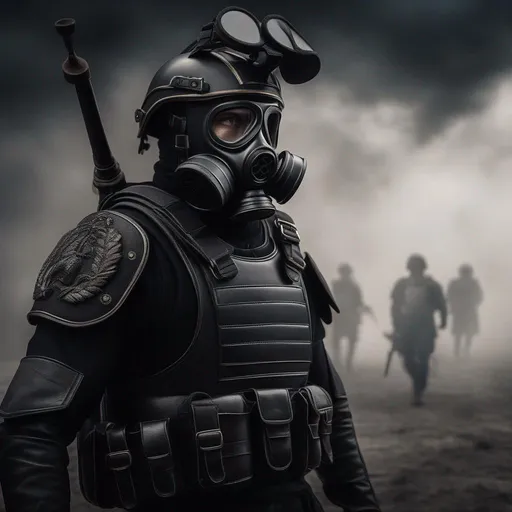 Prompt: Several modern roman military male in black military roman armor, and gas mask, last days in earth, Dark art, Hyperrealistic, sharp focus, Professional, UHD, HDR, 8K, Render, electronic, dramatic, vivid, pressure, stress, traumatic, dark.