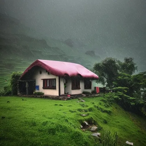 Prompt: a lone cottage in valley in rainy day