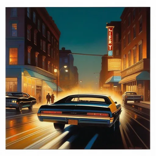 Prompt: 1970s, Liberty City at night, car chase, warm atmosphere, cartoony style, extremely detailed painting by Greg Rutkowski and by Henry Justice Ford and by Steve Henderson