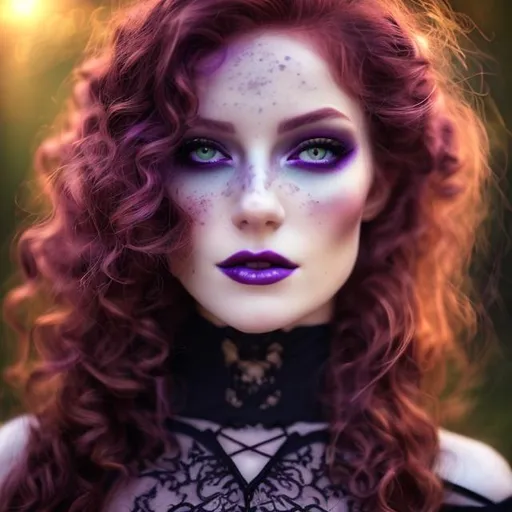 Prompt: HD, 4K, 3D, Stunning, magic, cinematic camera, gothic beauty, ethereal,gothic enchanted,gothic queen, light contrast, long curly redhead hair, gorgeous curly hair,lovely, tender, purple light, purple and green sunstrails, moon glow, perfect female beauty, intricate, pale traslucent skin, golden ratio, look in camera, gorgeous sinuous body, female body,gorgeous eyes