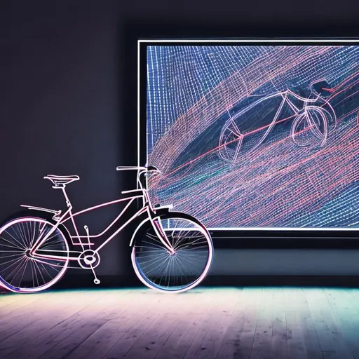 Prompt: bicycle with TV in front of it. all lines are led
image is graphic, not real 
