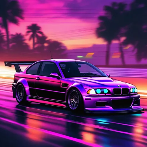 Prompt: 2001 BMW M3 E46 GTR, synthwave, aesthetic cyberpunk, miami, highway, dusk, neon lights, coastal highway, dusk, neon lights, coastal highway, sunset, drift, nurburgring, water on the road, blade runner, 8k, watercolor