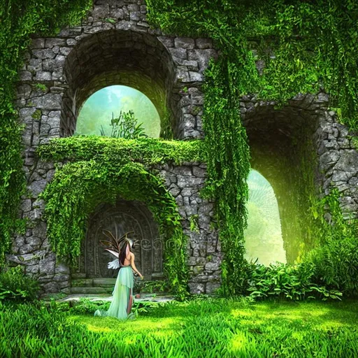 Prompt: ancient portal with old decorate,realistic green plants big leafs, growning on the portal surface, depth of field, isometric fantasy, beautiful flower fairy in front of the portal