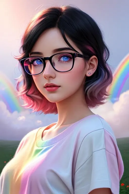 Prompt: soft female, perfect face, beautiful girl, rainbow background, black hair with rainbow highlights, pink clothes, soft lighting, hopeful, british, Illustration, Concept art, Digital, Perfectly drawn, background with rainbows and roses, blue eyes, glasses, british