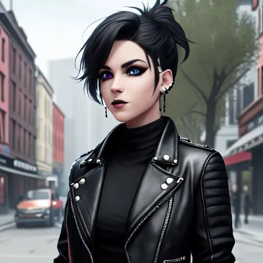 cute goth tomboy girl wearing open leather jacket an... | OpenArt