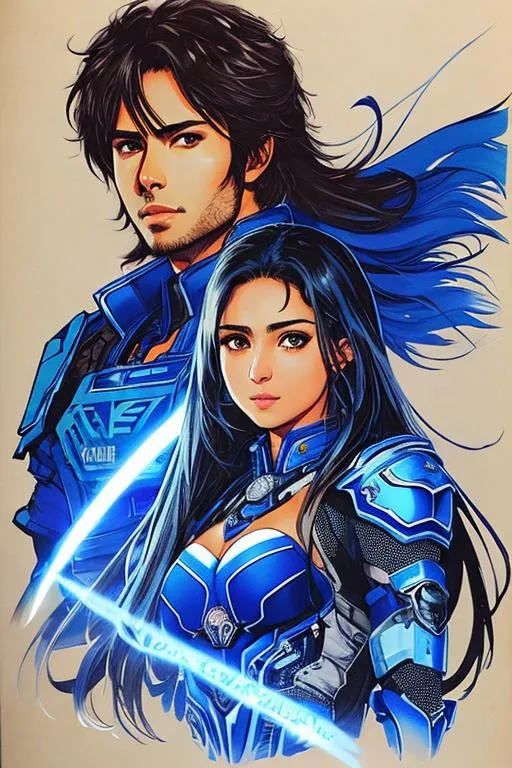 Prompt: 1man 1woman (((Yoji Shinkawa))), sticker of ultra detailed portrait of enrique iglesias and Sadaf Mohammed Sayed  (Indian actress who mainly appears in Telugu, Tamil, and Kannada films)in dark blue holy armor, canon robotic hand, blue long hair, high quality cell shaded illustration in post apocalyptic style by Yoji Shinkawa, ((full body portrait)), dynamic pose, perfect anatomy, centered, freedom, soul, blue long hair, approach to perfection, cell shading, 4k , cinematic dramatic atmosphere, watercolor painting, global illumination, detailed and intricate environment, artstation, concept art, fluid and sharp focus, volumetric lighting, cinematic lighting, Art by Yoji Shinkawa,