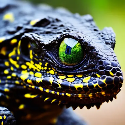 Prompt: Reptile black yellow eyes 