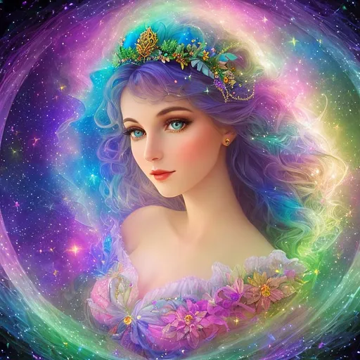 Prompt: Anne Bolelyn as a fairy goddess, ethereal and esoteric beauty, soft light, surrounded by full color julia clusters newton fractal in lorenz fractal, closeup