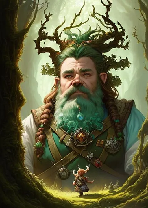 Prompt: A stunning portrait of a dwarf druid. The setting is an enchanted fantasy forrest. Epic fantasy art. Award-winning on Artstation. by Dan Mumford, by Peter Mohrbacher, by Greg Rutkowski, fantasy character, trending on artstation