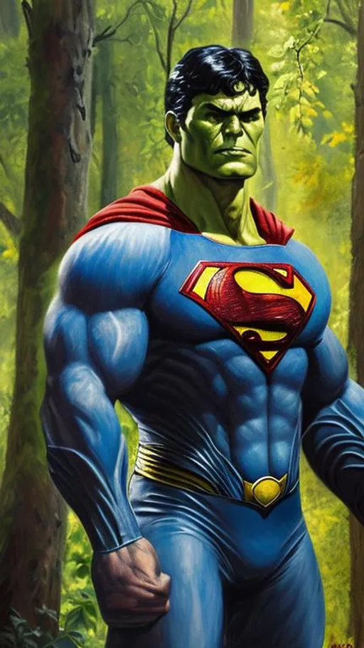 Prompt: Oil painting of superman-hulk hybrid in the forest with black trees, highly detailed, everything in sharp focus, UHD, HDR 64K