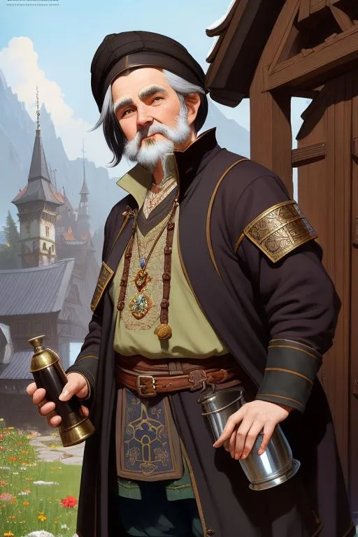 Prompt: a  old gnome male,  alchemist, small, black hair, happy looking, poor clothes, holding a flask, polish folk clothing , medival outfit , full pose, wooden mansion in the backgroyund, high quality face details, by ruan jia, by alphonse mucha, by krenz cushart, by Julie Bell, by Gerald Brom,  beautiful intricate exquisite imaginative exciting, fantasy, shadows,  vray render, artstation, deviantart, pinterest, 5 0 0 px models, high resolution, blender
