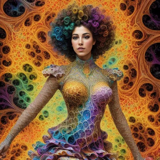 Prompt: {{{{highest quality concept art masterpiece}}}} digital drawing oil painting with {{visible fractal textured brush strokes}}, multicolor aurora julia clusters fractal sky light, full body visible elegant female full color brown Fractal hyperbolical geometry on voronoi dressed as french artist, looking at viewer, photography, Stunning, updo, detailed skin, extremely detailed face with eyes and iris, luxury jewelry, old manor Grease style realistic, photo-realistic,  highly detailed, full length frame, piercing,  amazing colors, surrounded by full color voronoi on julia clusters fractal sky, full color Fractal geometry exists in the foreground knowledge of the world, diffused soft lighting, shallow depth of field, sharp focus, hyperrealism, cinematic lighting highest quality, highest detail, Cinematic, Long Exposure,