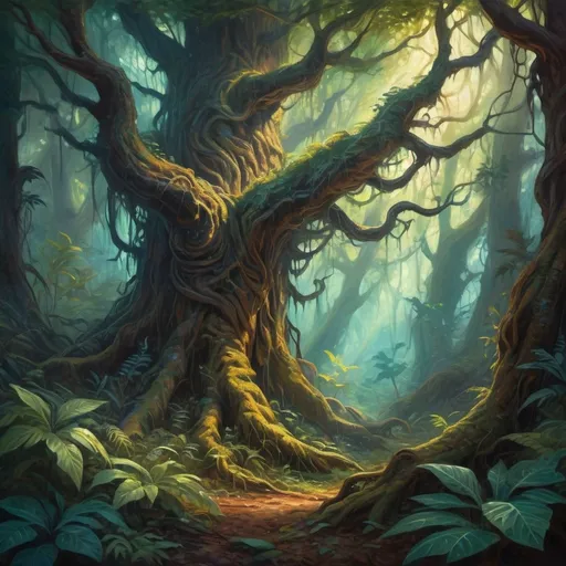 Prompt: forest, , ancient trees, mystical atmosphere, high fantasy, detailed foliage, dense foliage, atmospheric lighting, oil painting, rich earthy tones, magical essence, high quality, fantasy art, immersive environment, intricate details, mysterious shadows, epic scale, vibrant colors, mystical ambiance