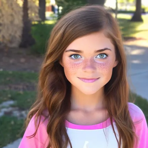 Prompt: A pretty girl named Cora she has brown hair and brown eyes she also has freckles on her face she is wearing a blue shirt and a Lulu lemon white skirt also she a around 10 years old