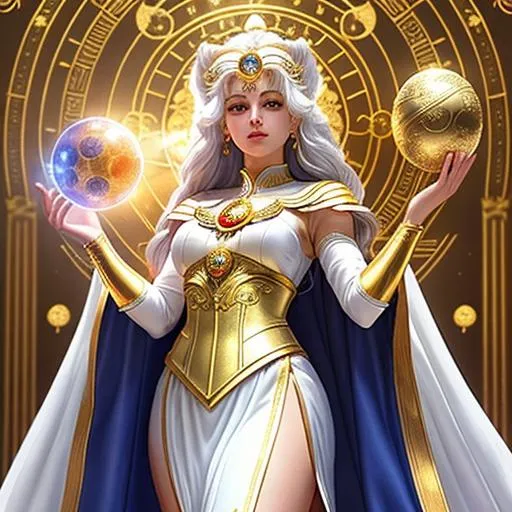 Prompt: ancient goddess Eternal Sailor Moon in her final ultimate godlike shape, illuminated by a soft silvery light, intricate outfit with gold and silver trim, her perfect figure radiating holy energy, holding golden orb from Assassin's Creed, solar system in the background, she stands with a determined air, her gaze unwavering, godly, beautiful detailed eyes glowing with infinite power, absolutely astonishing, razor-sharp focus, cosmic, mesmerizing, (masterpiece), volumetric lighting, light beams, UHD, 16k, HDR, ((((best quality)))), ((((extreme details))))