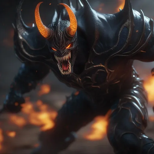 Prompt: a death knight with a Venom mouth (Venom movie), with horns forward on his forehead, orange fire eyes, FULL BODY, Hyperrealistic, sharp focus, Professional, UHD, HDR, 8K, Render, electronic, dramatic, vivid, pressure, stress, nervous vibe, loud, tension, traumatic, dark, cataclysmic, violent, fighting, Epic