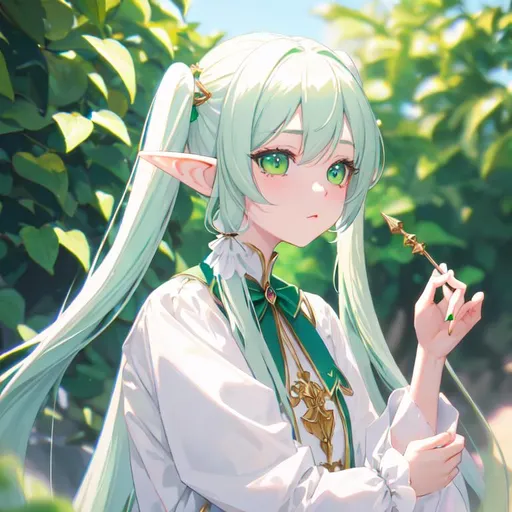 Prompt: (masterpiece, best quality:1.2), illustration, absurdres, highres, extremely detailed, 1 elf girl, white long hair, double pigtails, green eyes, eye highlights, white dress, 
 chromatic aberration abuse, pastel color, Depth of field