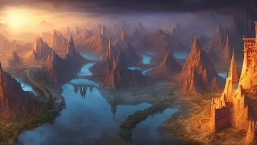 Prompt: fantasy style, ancient desert city in narrow valley, lakeside, shrouded in fog, tall broken towers, large palace, view from above, dim dusk lighting, cinematic lighting, detailed lighting, volumetric lighting, realistic, f 8, 4 k hd wallpaper, diffuse lighting, fantasy, intricate, elegant, highly detailed, lifelike, photorealistic, digital painting, artstation, illustration, concept art, smooth, sharp focus