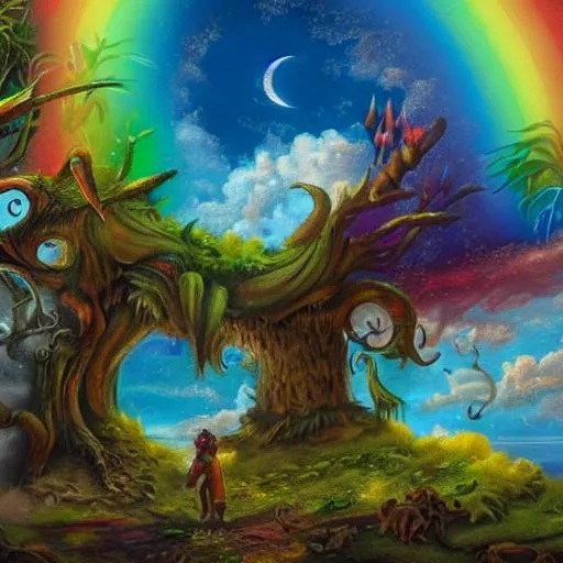 Detailed scene with a rainbow and fantasy creatures,... | OpenArt