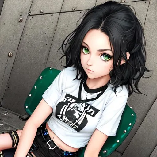 Prompt: An insanely beautiful girl around 14 years old. punk clothes. perfect anatomy, symmetrically perfect face. perfect grey eyes. beautiful short black wavy hair with green streaks. no extra limbs or hands or fingers or legs or arms.