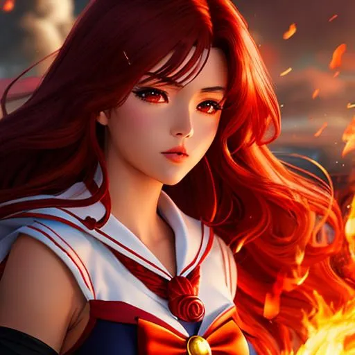 Prompt: anime style , sailor mars,
girl with curly burning redhair wears a dark red hood standing in a blazing fire hoods up, smokes, ashes, somber, highly detailed, full body, soft lighting, ultra realistic, 8K, digital art, unreal engine 5