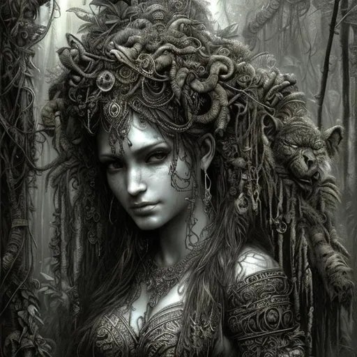 Prompt: Intricately detailed beautiful jungle goddess of the amazon hyper realistic extremely detailed dark cinematic in the style of Royo