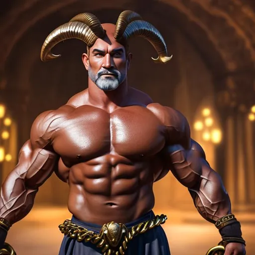 Prompt: A Mature Muscular Man, With ram-like horns, with arms and legs in chain