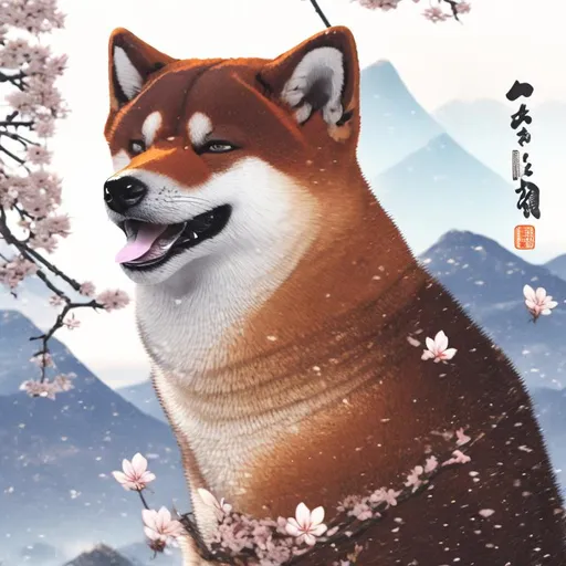 Prompt: A shiba inu samurai art, on a landscape with mountains behind him. And also petals of sakura are falling down on the road. 
