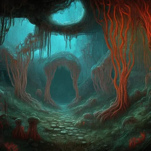 Prompt: fantasy-style art underground abandoned  mine with fungal vines spreading from deeper into the cave