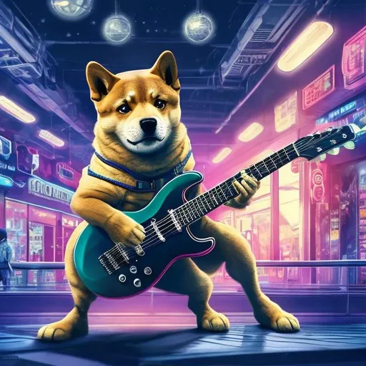 Prompt: Bodybuilding Doge playing guitar for tips in a busy alien mall, widescreen, infinity vanishing point, galaxy background