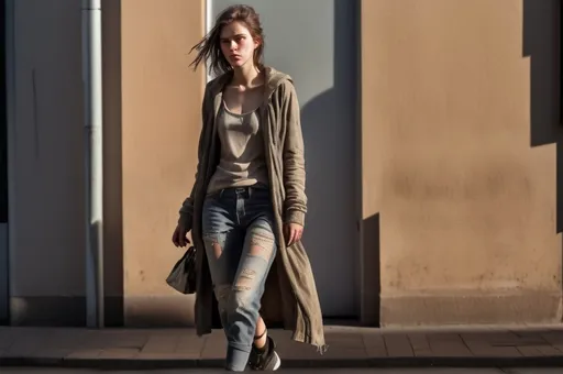 Prompt: Tall  ugly untidy young woman walking down the high street, detailed dirty clothing, realistic, natural lighting,shadows,good brightness,futuristic