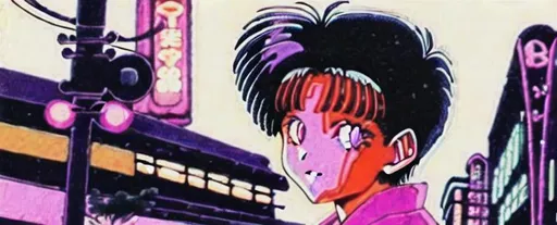 Prompt: 1990's tokyo neon city, a boy looking at a girl