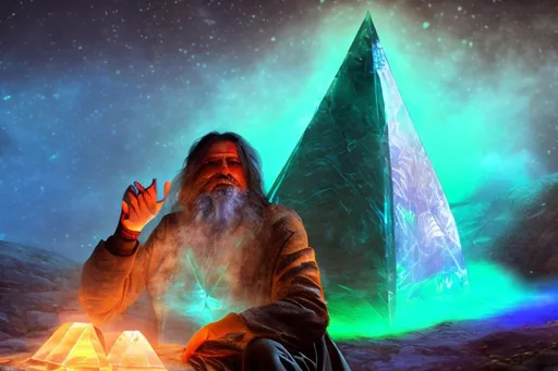 Prompt: a shamanic druid sitting in front of a glowing crystal pyramid, using it to summon swirling mist