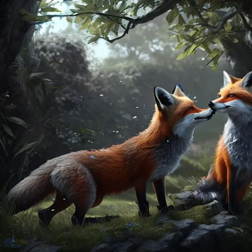 Prompt: UHD, environment, Trees, Leaves, flowers, Highly detailed, HD colour, Foxes