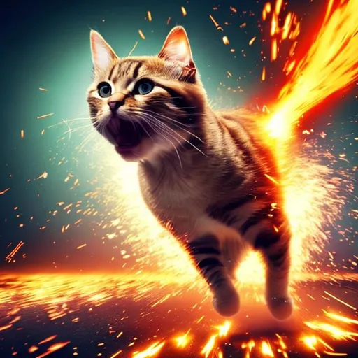 Prompt: cat running out of a ginormous huge giant super insane explosion