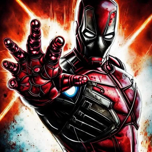 Prompt: iron-man and Deadpool combined into one. Perfect hands. No mistakes. dark gritty. Bloody. Hurt. Damaged. Accurate. realistic. evil eyes. Slow exposure. Detailed. Dirty. Dark and gritty. Post-apocalyptic. Shadows. Sinister. Intense. 
