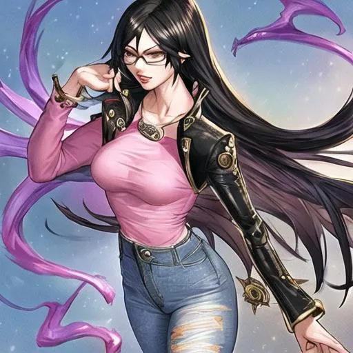 Prompt: bayonetta dressed in a skinny jean and a pink top