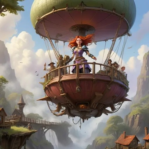 Prompt: she places her book into a satchel attached to her belt & takes a running jump off the bow of the skyship, positioning her wings into a gliding position to ride the winds towards the Pixifae tree house city of “Woodsgrove” within the trees. Grinwa who runs a tight ship & a stickler for the rules, waves his fist in the air & shouting towards Fae & showing his annoyance at the petulant Pixi, since she has broken skyship rules many times before. Grinwa has no ill will towards the Pixifae community or Fae, but does get annoyed when these winged pests as he sees them, jump off his skyship, being reckless or for fun & a headache for the “Skyship Captains Guild”. A group who admire & reward competent Skyship crews for their service, due to previous times of untrained crews, crashes of the first generation & highly unstable & at times explosive Skyships to be built many centuries before. High above the rolling green hills, villages, lakes & huge sprawling trees below, the humming sound of the Skyship. Selene. A two hundred foot in length, sixty foot wide wooden transport similar to a Galleon or barge, creates a shadow across the land as it slowly floats forward at about twenty knots. The open air top deck houses the Captains bridge, raised above the top deck at the centre back, with the cookhouse & a Tavern at either side of the bridge, other cabins at the other three sides. The central area of open space has a lower level loading door on the floor in the centre, surrounded by seating, small areas of potted gardens, market stalls, & at the front a triangle shaped raised viewing platform with steps up the centre on the bow of the craft. Below are three lower decks with living spaces, cargo ect’ with a flat bottom. Protruding from the back of the ship are two Aether Gold coil energy collectors. The biggest feature of the skyship are the two 200ft long colourfully painted Zeppelin dirigibles attached to sturdy wooden frames on each side of the platform, a unique modification to travel faster & further, unlike the single Zeppelins of other skyships, keeping the skyship aloft, housing “Aether” powered directional engines underneath. Selene cuts down power & slows to a stop 50 ft above the town square of “Green hollow”, lowering a lift on the bottom for departing & entering passengers plus cargo. Some time later Selene heads out to the north-east towards the valley of “D’ruine”. In the distance the rising of the celestial Golden light of the Sun appearing behind the great trees of D'ruine is always a beautiful sight to behold, ushering in a pleasant new day in the realm, A small number of people & crew of different tribes & races mingle upon the top deck of the Skyship, a soothing chaotic carefree pace of life, with banter & trade, laughter, children playing & people bartering goods, a dog barking at a drunken Troll sat outside the Tavern bar, much to the Trolls disgruntled annoyance. The Captains deck hand shouting to members of the crew to stabilise the left Dirigible leaking pressure valve. Nearby “Clucks”, a form of wild chicken sit in a pen near the cookhouse, food is served, shroom beer is drunk, a good day & a smooth trip with people in good spirits going about their regular business. Stood on the bow of the craft is a lone Pixifae. Beautiful Winged fair skin fiery red haired adult female with intense blue eyes, her hair tied back in double buns with long loosely braided hair-tails hanging from them, a mere four & a half ft in height, (the males are slightly taller). She is wearing a dark lilac rubber lace up strappy short dress & attached collar, matching shorts, utility belts around her waist with two leather satchels attached each side, red lace up leather flat knee length boots & matching long gloves. Clad in Aether infused gold armour for extra toughness, small shoulder pads, a small breastplate & thigh & upper arm pads, all designed to fit perfectly & lightweight, making flight easier & all ornately scribed with symbols. She is holding an old book with both hands holding it against her chest like it has great importance. Her hypnotic glowing blue eyes fixed on the easterly rising Sun now above the great trees of the valley, her four semi transparent lilac to gold coloured Fae wings covered with spiral patterns, protruding from her back, moving up & down slowly & harmoniously, a sign that a Pixi is very calm, whilst basking in the warm glow of the sun & the gentle wind blows her lose forehead hair against her face very softly, prompting a slight head shake. The Pixies name is “Fet Fae” on her way back from collecting the newly discovered book from her younger sister. Anwen. in “Owlgrove” a small village in the south of Green hollow. Fae is an adventurous Pixi who loves to explore the many caves, ancient ruins of her local area in & around D'ruine. & is fascinated by the myths of the old world of “Humans”, a race who left in fiery metal sky Ships into the dark realms of the unknown above & beyond to escape the “Great Destroyer from the sky”, an entity which reset the Earth over fifteen centuries past, causing upheavals of lands, huge mud floods, destruction on a scale which rendered the Earth mostly barren for centuries, The faerie folk the Elves the Trolls, the giants & other hidden races resurfaced from under the Earth once the land was habitable again, reclaiming the world which has regrown over time, with help from the manipulation of Aether, a mysterious energy released from the inner Earth after the great reset, which had permeated the world & all life & can be used in many ways, an energy source unknown to humans at the end of their world. Little is known about human times, but some influences on the people of the new world over the centuries, have been adopted from mostly pictures in old faded books & hand me down tails, as seen in Gothic Steampunk Edwardian styles of attire, & general look of the Pixi community. The most used ancient language of the humans is still being studied & translated & not many people can read it due to the scarcity of books & extreme age of the ones currently in official Pixifae community libraries, making them sacred texts with limited access. The Captain. A grumpy tough very loud but likeable Desert troll about 7ft in height with a robust physical appearance, with blue grey leathery skin, dreadlocked black hair, green eyes, thick pointed ears & two one inch fangs in his bottom jaw, dressed in a long whale skin coat & boots with heavy leather belt attaching his blade & dozen pouches for various small objects, such as small gold & Silver coins shaped like various symbols & runes, a standard of world currency. Captain Grinwa vigorously rings the copper bell above the bridge, indicating the skyships approach to the docking station at the valley of D’ruine. The station like most other structures in the valley & made from mostly wood is a large circular platform above the tree canopy with a circular building at the centre & a 30ft tall conical tower of Copper & Gold beams & coils enclosing a central crystal, shimmering with pulsating energy, which is distributed to where its needed. Above the tallest tree in this area, the platform is attached to the top of the largest tree by a framework of beams & cables, surrounding the upper trunk with an A frame design thus making it extremely sturdy, with limited damage to the trees, which are considered sacred by the Pixifae & most other races, only taking from the trees or the land which is essential for the peoples needs. Below the huge tree canopy lies the home of the Pixifae. Some passengers are preparing to depart at the station, so people gather at the bow of the ship to watch the approach to the platform as the great trees dwarf the skyship as the craft moves closer, gaining height to avoid the huge branches, making for a spectacular view for all. The skyship is now just coming within the giant leaf covered branches which the lower ones reach about quarter of a league or so out from the tree trunk. Selene slowly rising for the tree canopy to the platform, with a view of the majestic tree houses, branch to branch wooden bridges connecting in all directions to other trees & small village communities on platforms attached atop the branches also around the trunks, with paths, gardens & various beautifully calved & shaped buildings with many curved natural designs, creating ambience for Aether energy to flow freely. Many buildings have doors & walls painted & calved with symbols & family histories, heroic exploits, special events & other themes associated with individuals, families & clans. Its evident to the passengers now, that the trees are so tall that clouds form within some of the upper areas creating cloud fog enclosing the upper smaller village communities, with light also filtering through gaps in from the canopy above & creating a spectacular effect with columns of light emanating through the fog hitting surfaces while other areas are lightly shadowed, a beautiful sight to behold. Captain Grinwa orders the deckhands to extend the forward ramp towards the central tower, ready for passengers to depart & to open the bottom doors for dropping off & collecting supplies onto the main platform below the craft. Fae however decides not to wait for Selene to dock fully,