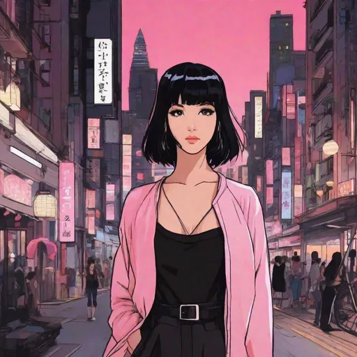 Prompt: woman in the city wearing pink, black hair, night, anime, ghibli, egyptian
