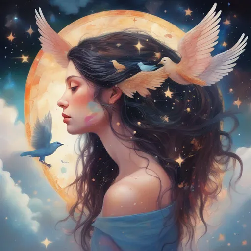 Prompt: Colorful and beautiful Persephone with angel wings on her back with brunette hair and light freckles,  surrounded by clouds and birds in flight framed by constellations and stars
