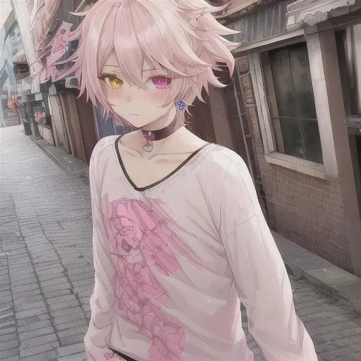 Prompt: feminine cute anime boy, heterochromia, pink and white baggy street clothing, choker, earings, vtuber, blushing