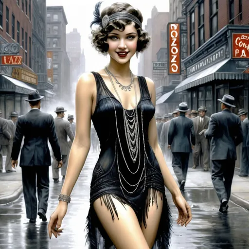 Prompt: Hyper-realistic full body height digital painting by Luis Royo:: (young pretty happy) 1920s flapper woman, short curly hair, highly detailed facial features, bright expressive eyes and a coy subtle smiling expression, wearing fashionable clothing, walking through the streets of a Jazz district in Chicago in 1925:: 8k resolution, incredible details, a masterpiece, photorealistic