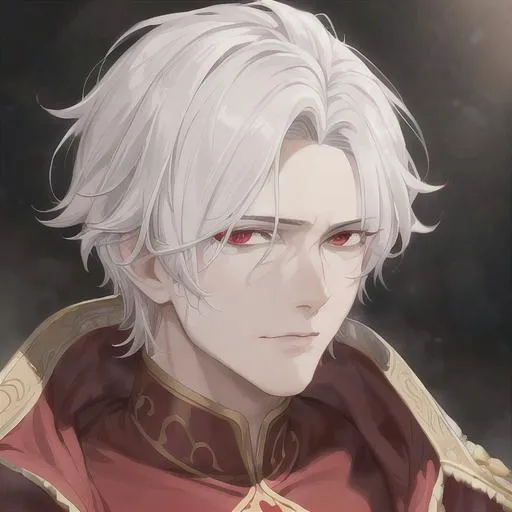 Prompt: "A close-up photo of a handsome prince with messy short hair, white hair, glowing red eyes, wearing a red robe, in hyperrealistic detail, with a slight hint of disgust in his eyes. His face is the center of attention, with a sense of allure and mystery that draws the viewer in, but his eyes are also slightly downcast, as if a sense of disgust is lingering in his thoughts. The detailing of his face is stunning, with every pore, freckle, and line rendered in vivid detail, but the image also captures the subtle emotions of disgust that might lie beneath his surface."