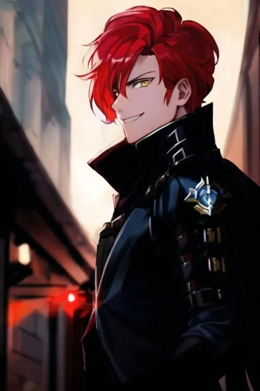 Prompt: Man with crazy yellow eyes, red hair, wearing metal shoulder plates, long cape, wears a grin, looke lik an adventurer 