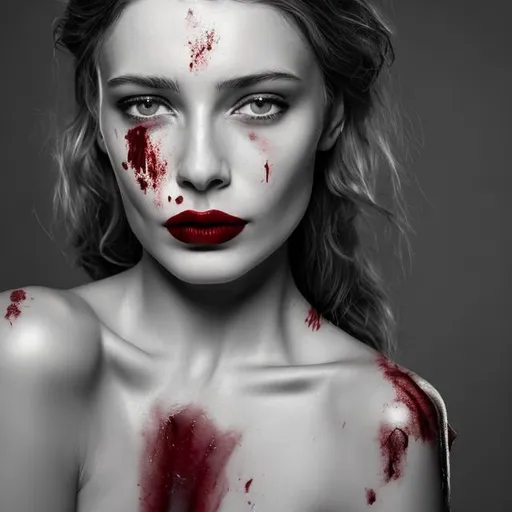 Prompt: Womans face in black and white portrait but her lips in blood red lipstick close up shot