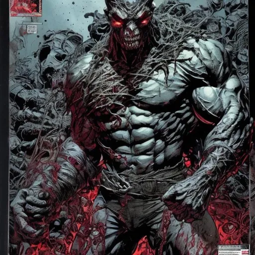 Prompt: Todd McFarlane. The Phantom and dragon variant. muscular. dark gritty with some colour. Bloody. Hurt. Damaged. Accurate. realistic. evil eyes. Slow exposure. Detailed. Dirty. Dark and gritty. Post-apocalyptic. Shadows. Sinister. Intense. 